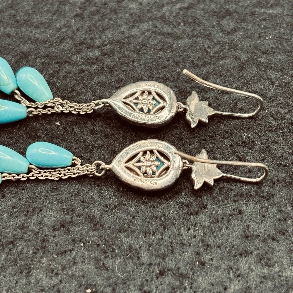 925 Sterling Silver Turquoise Dangle Earrings Floral Teardrop Boho Southwest